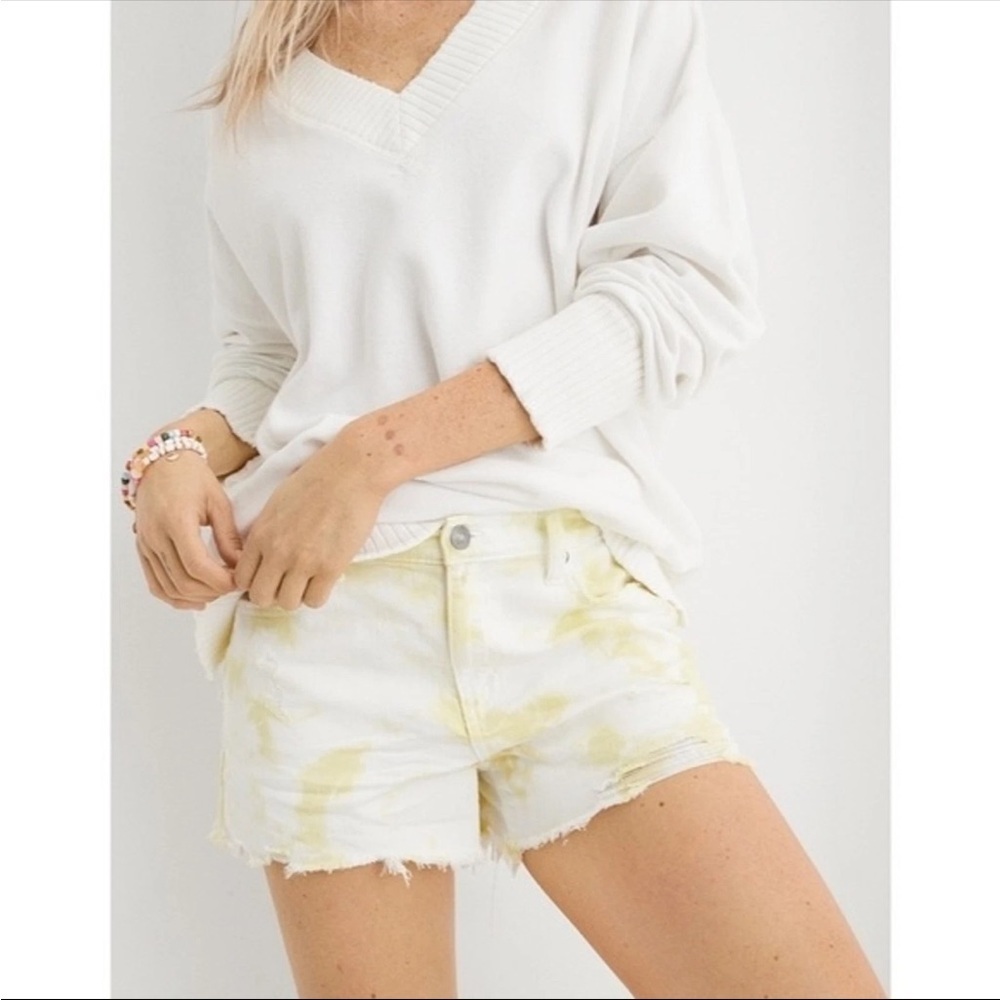 Aerie Distressed Tie-Dye Denim High-Rise Shorts Yellow White Size XL NWT